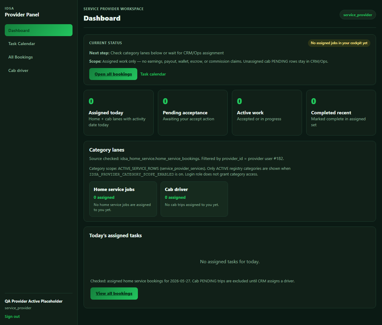 Provider onboarding dashboard — local desk readiness capture.