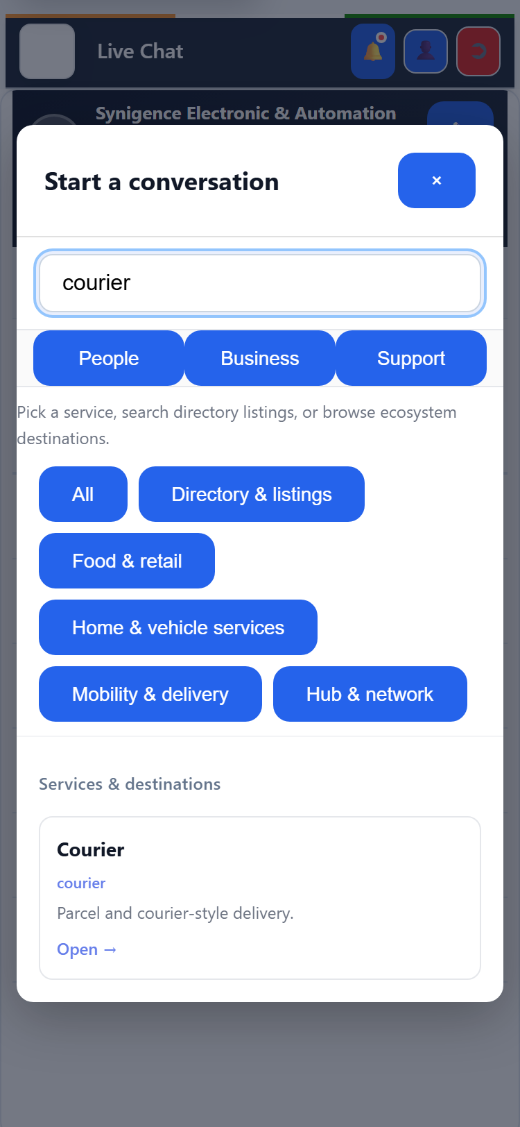 Courier discovery in chat — last-mile service intake path.